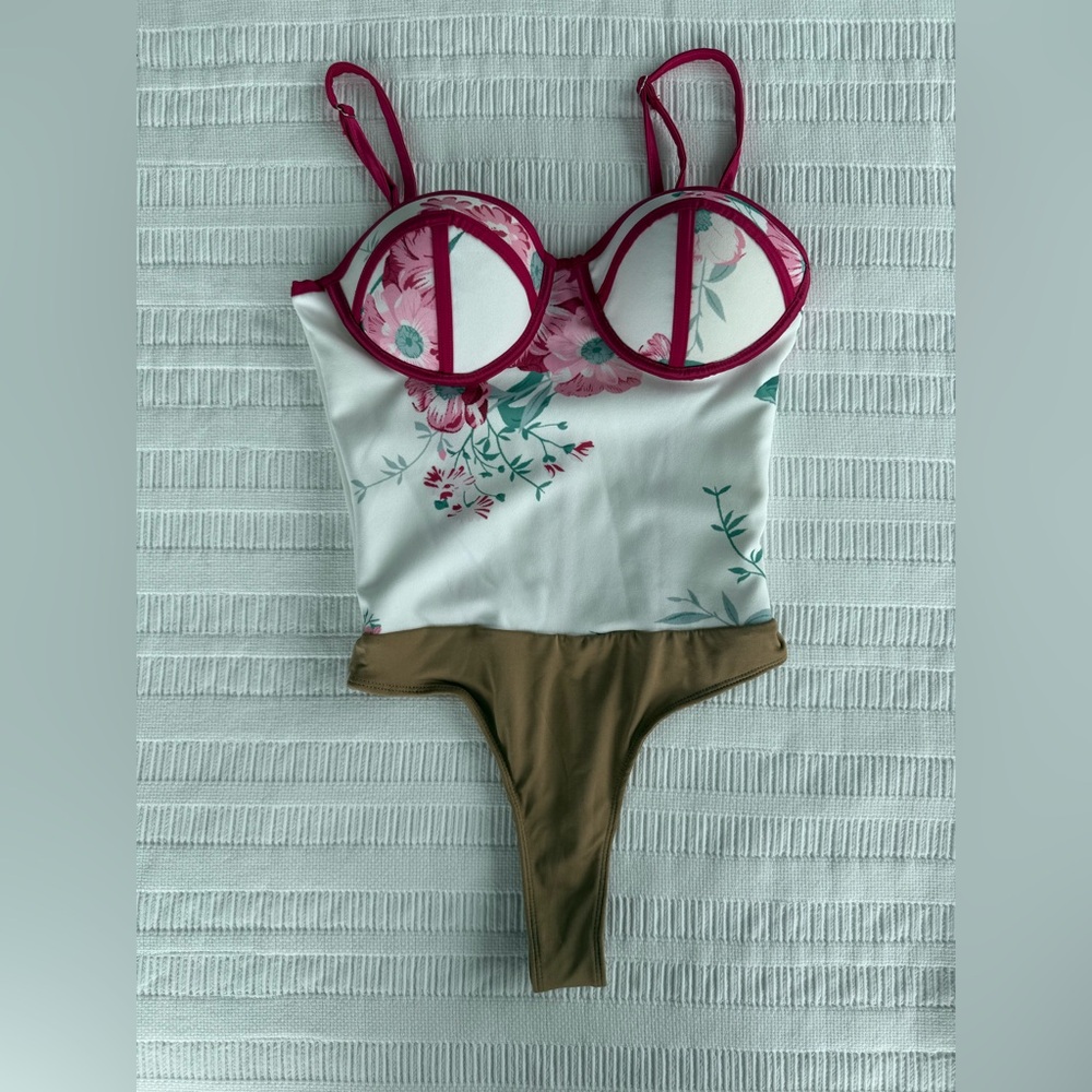 Floral Bodysuit and skirt with Pink and Brown Accents